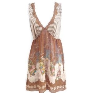 V1 Couture Dress Semi Sheer Lace Plunging Mixed Stripes Floral V Neck Popover S